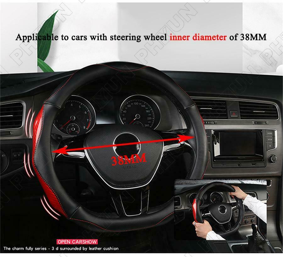 Black Leather + Red Carbon Fiber Car Steering Wheel Cover Type D 38 CM Universal