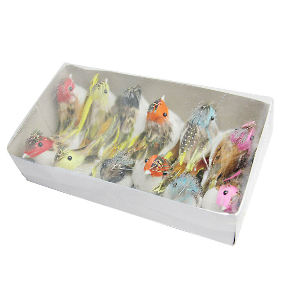 12Pieces Perched Woodland Birds Artificial Feather bird Ornaments Colorful