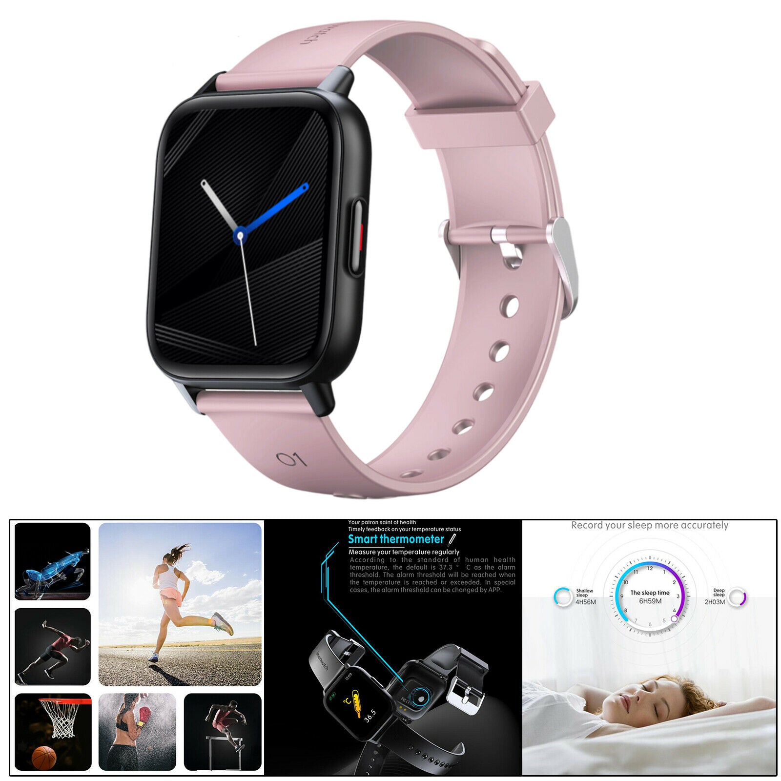 Sports Smart Watch Rectangle Smartwatch with IP67 for Women Men pink