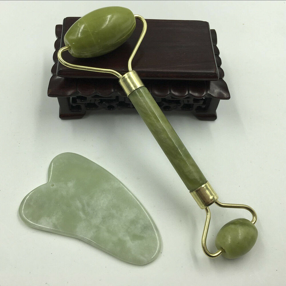 Face Facial Roller Massager + Gua Sha Board Set 100% Natural Jade Stone Crystal