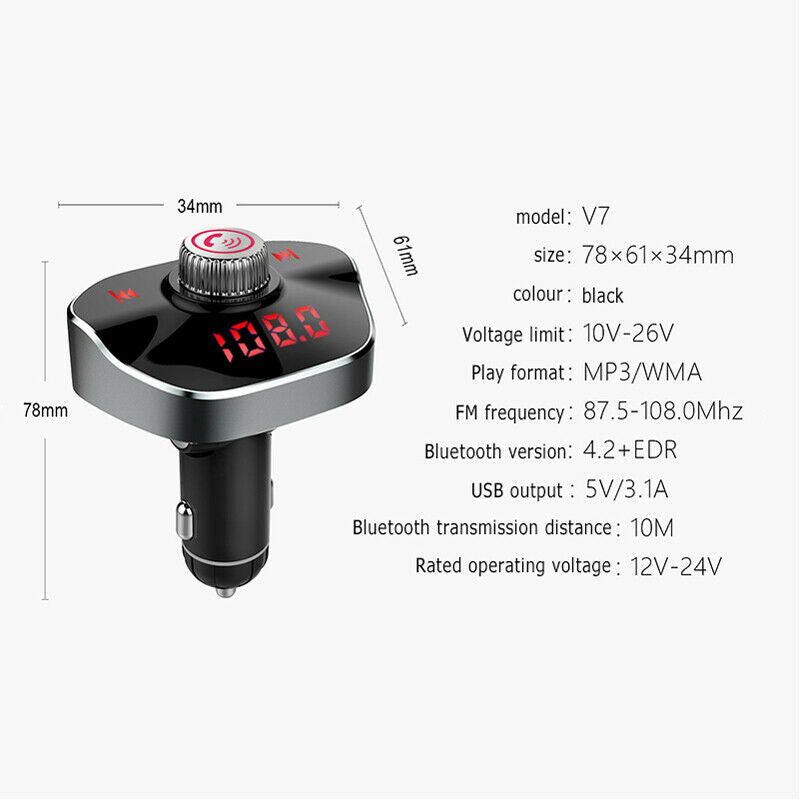 12-24V Bluetooth Transmitter Handsfree Radio Music Dual USB Charger MP3 Player