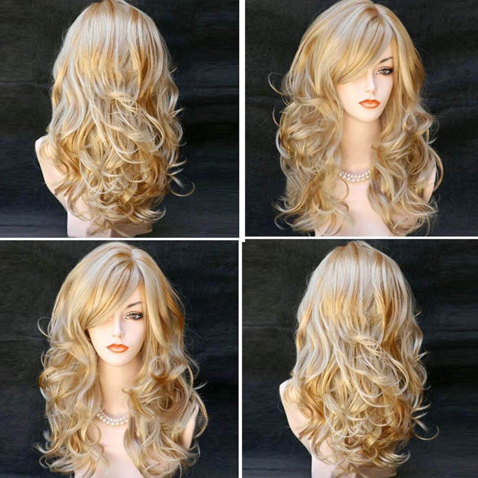 23" Women's Heat Resistant Hair Blonde Middle Long Curly Full Wig + Wig Cap