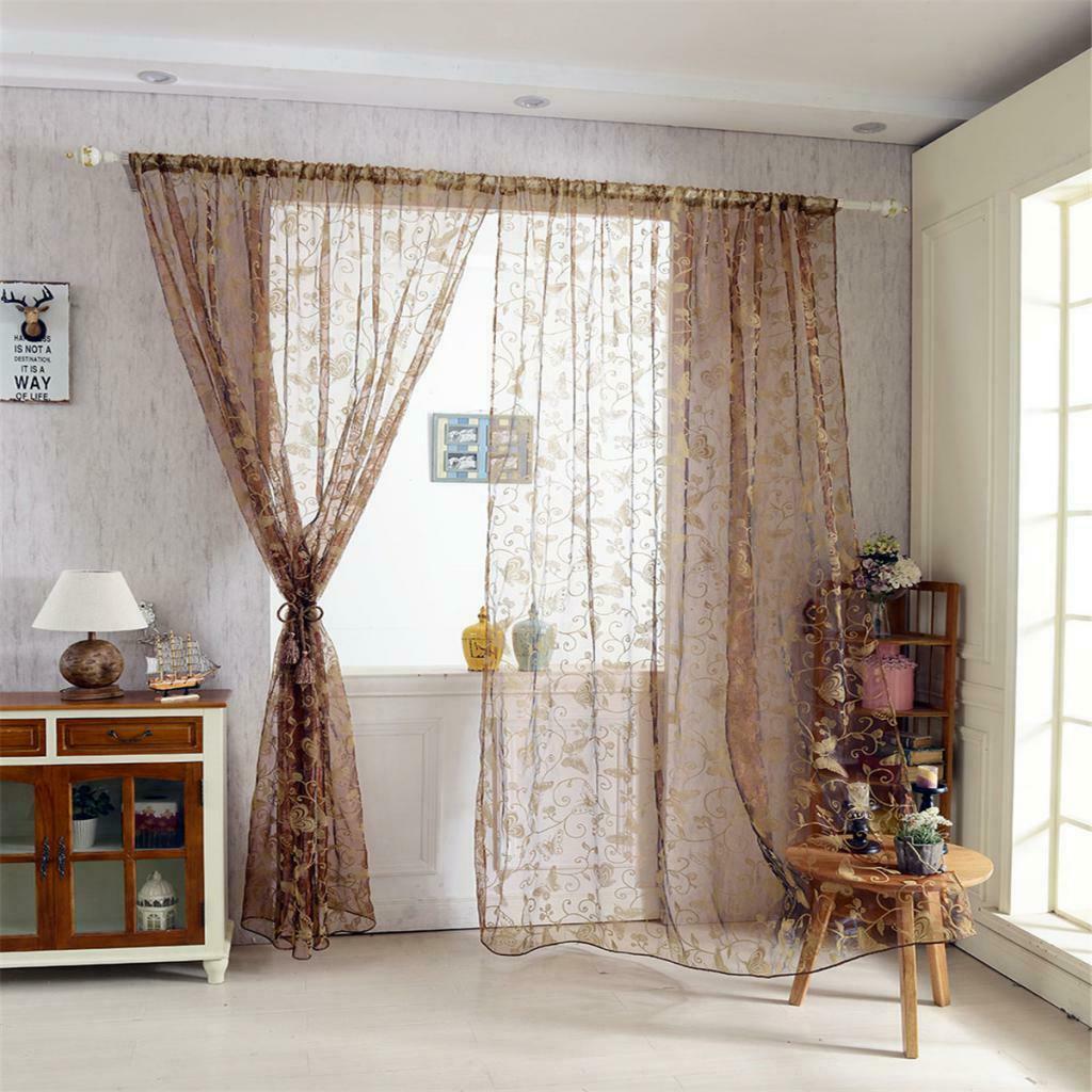 Flocking Voile Curtain Grommet Window Panel Butterfly  Coffee 200x250cm