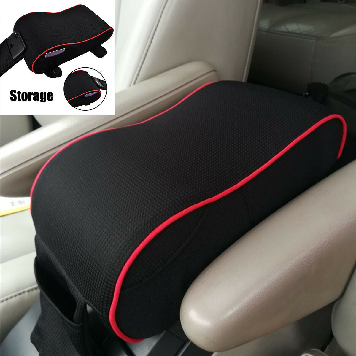 Memory Foam Center Console Lid Cover Armrest Pillow Pad Black & Cellphone pocket