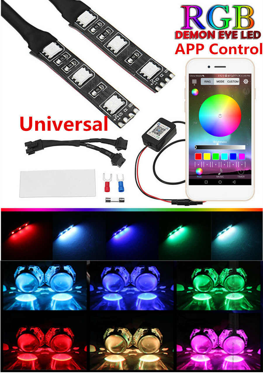 RGB Demon Eye LED Wireless App Control For Car Bike Headlight Projector Retrofit