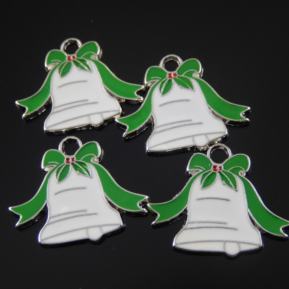 20 pcs Christmas Charm Bell Shaped Enamel Paint Pendant DIY Crafts 21x18mm