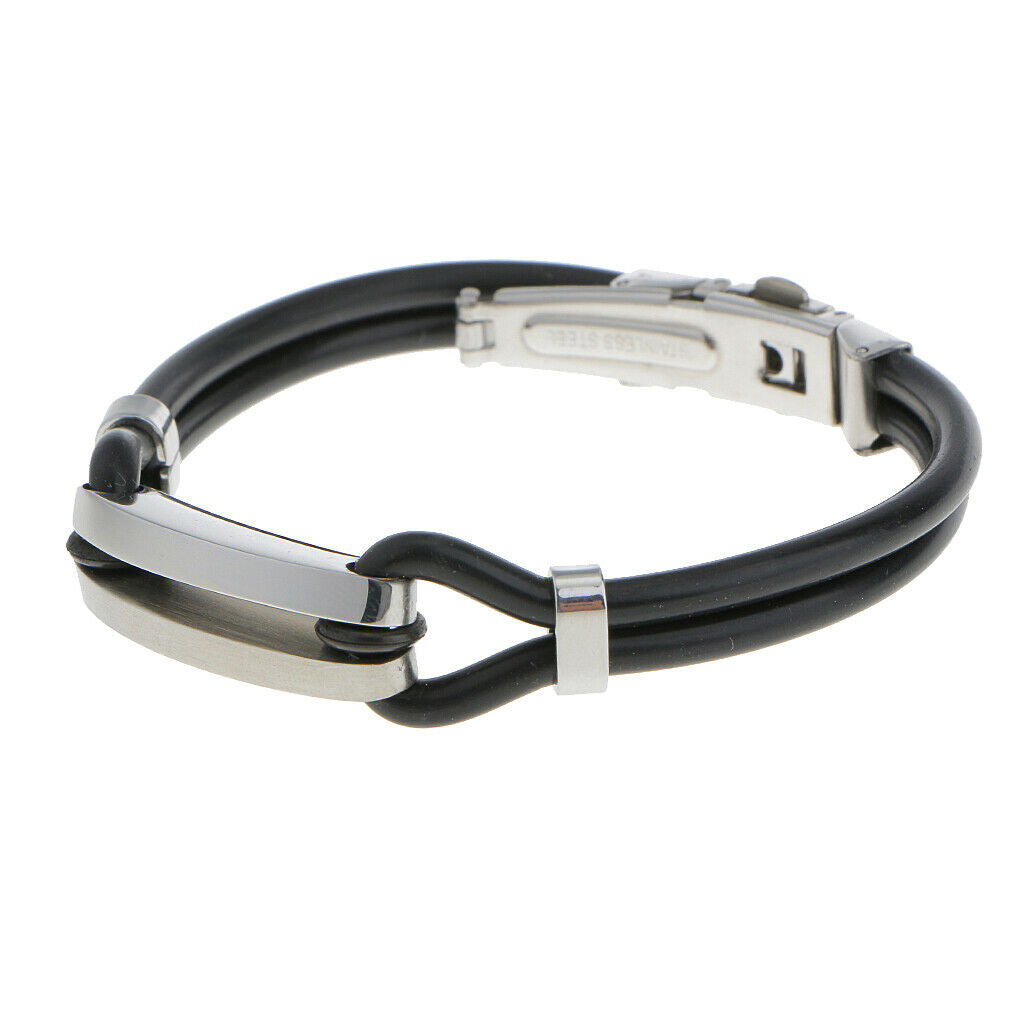 Simple Style Cool Stainless Steel Mens Rubber Fold Over Clasp Wristband Bracelet