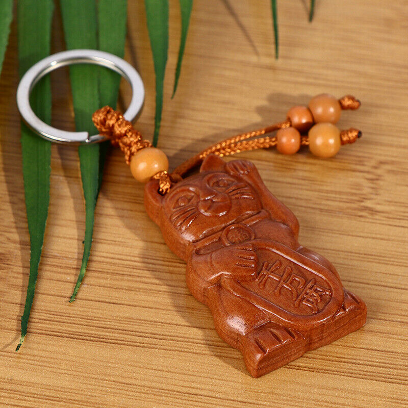 Lucky Fortune Cat Carving Wooden Pendant Keychain Key Ring Chain Wood Carving