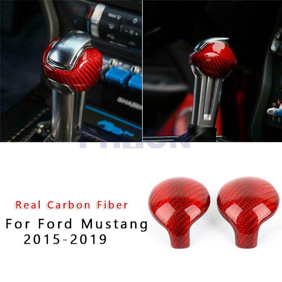 2pcs Red Real Carbon Fiber Car Gear Shift Knob Trim Cover For Ford Mustang 15-19