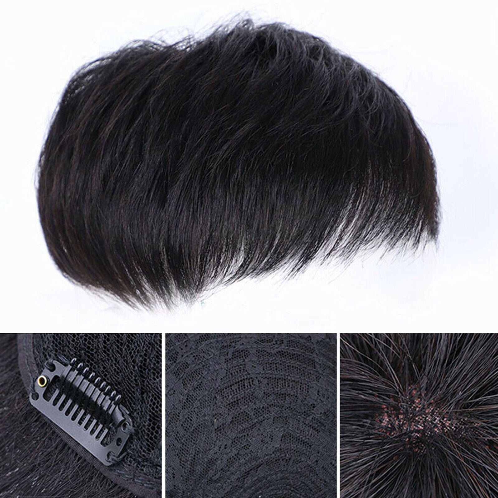 Men's Black Human Hair Topper Toupee Clip Hairpiece Top Short Natural Wig
