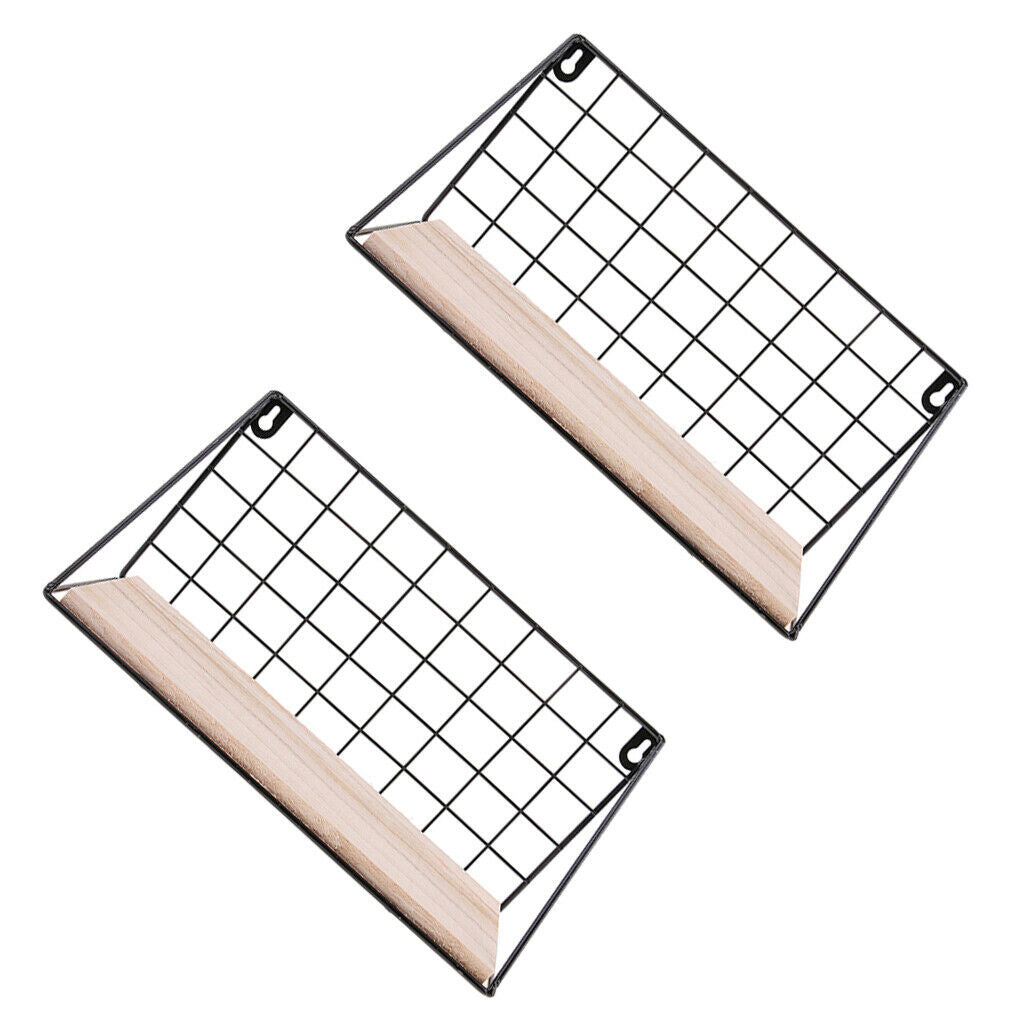 Metal & Wooden Wall Grid Hanging Shelf Furnishing Storage Rack Holder Set, 2pcs
