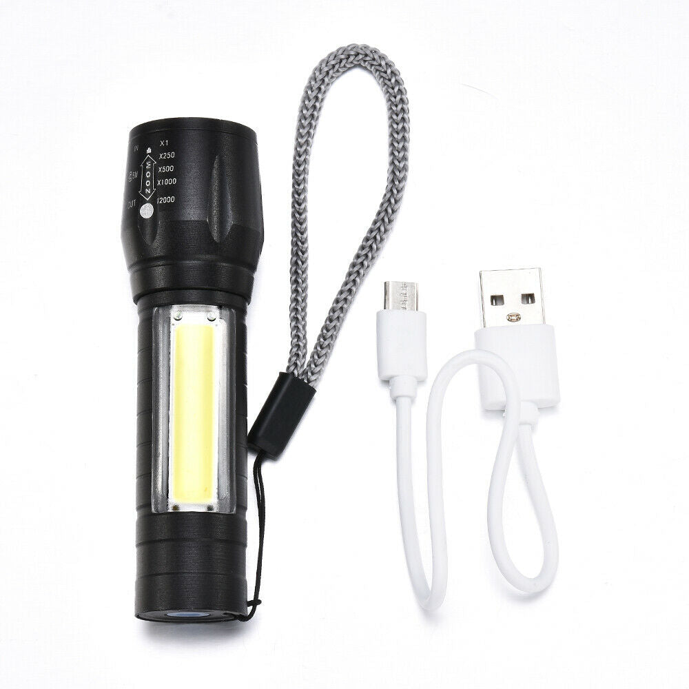 New T6 COB Zoomable Light Lamp Torch with LED Flashlight USB Rechargeable
