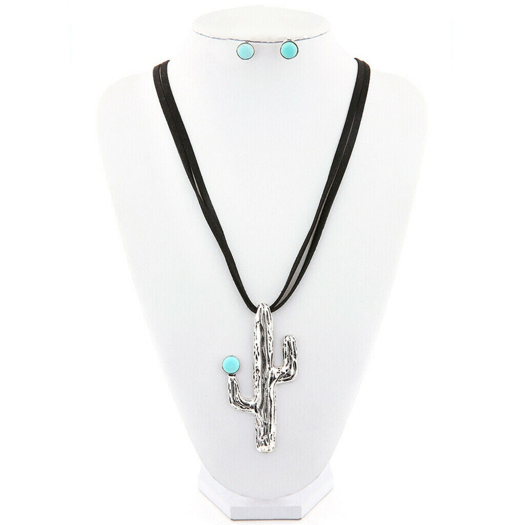 Bohemian Cactus Sweater Necklace Chain with 1 Pair Turquoise Earring Stud