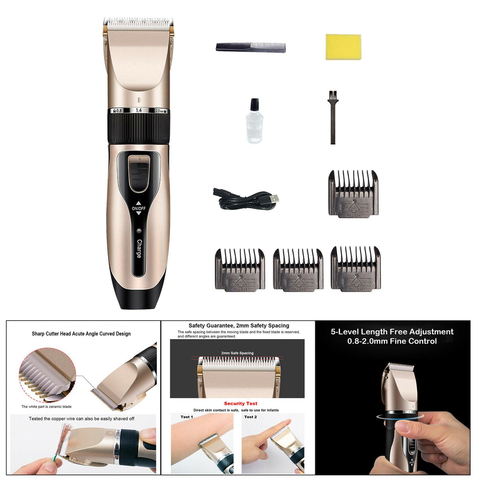 Portable Men Kids USB Rechargeable Electric Hair Clipper with Guide Comb