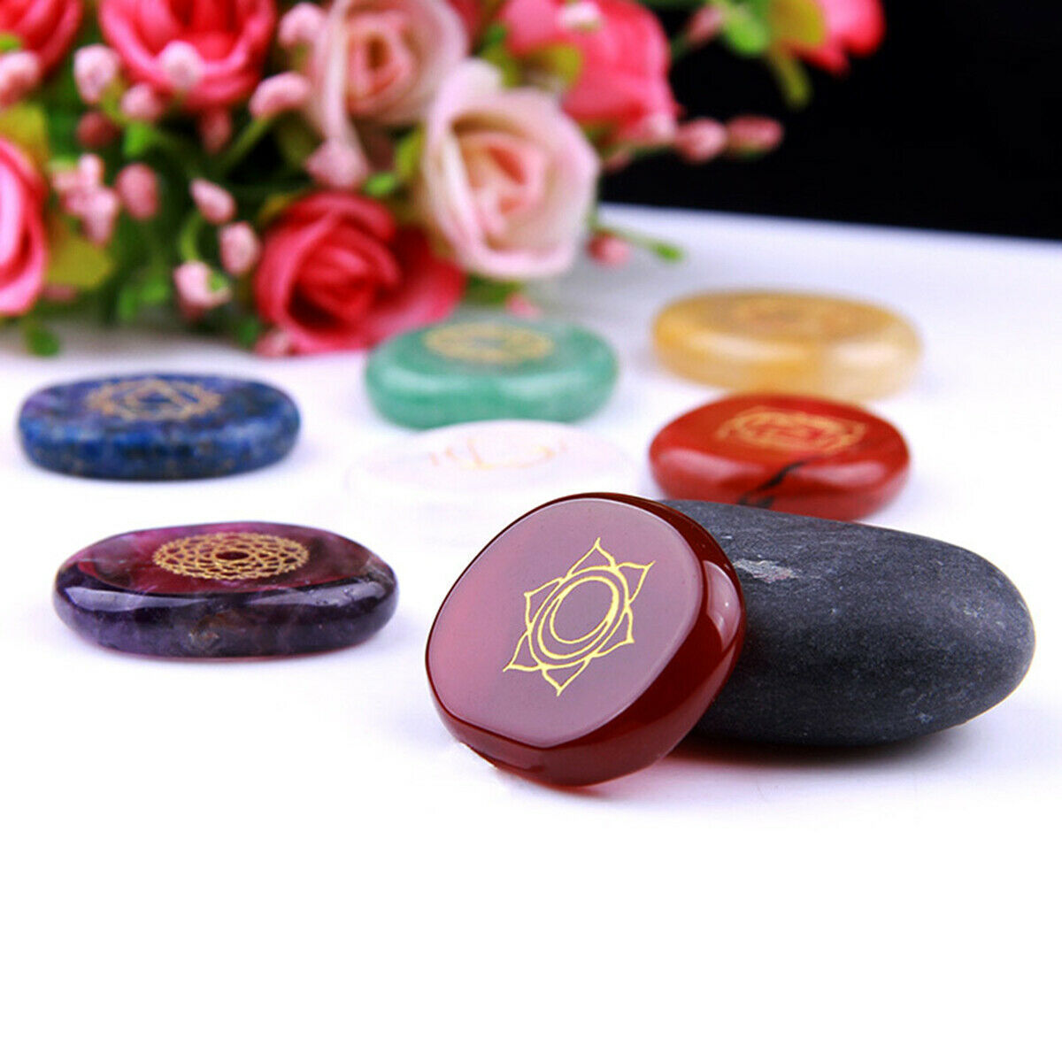7 Chakra Engraved Gems Set Reiki Healing Quartz Crystal Meditation Stones