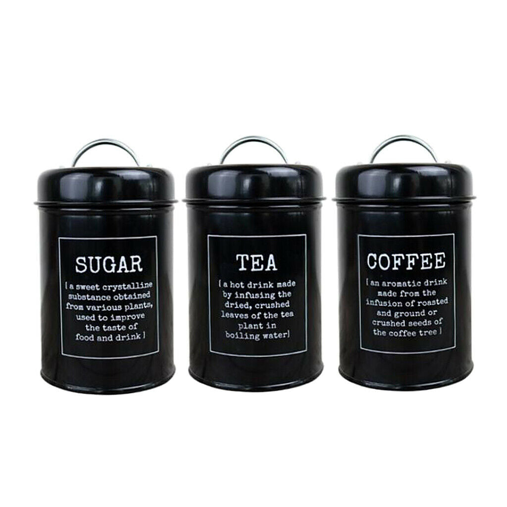 3pcs Tea Coffee Sugar Canisters Metal Kitchen Storage Tin Jars Pots Black