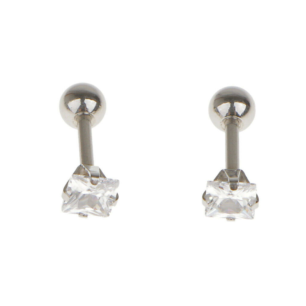 Pair Steel Barbell Square Zircon  Helix Tragus Lip Ear Stud 1.2mm