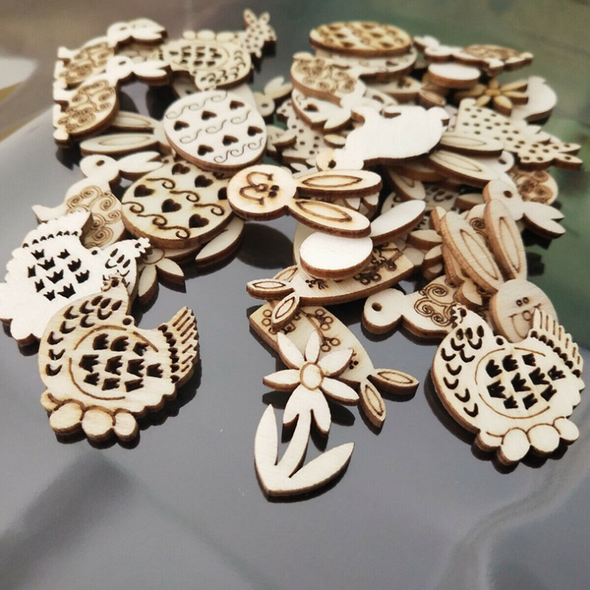 50PCS Easter Hanging Ornaments DIY Wooden Craft Home Decorations Party Supplies