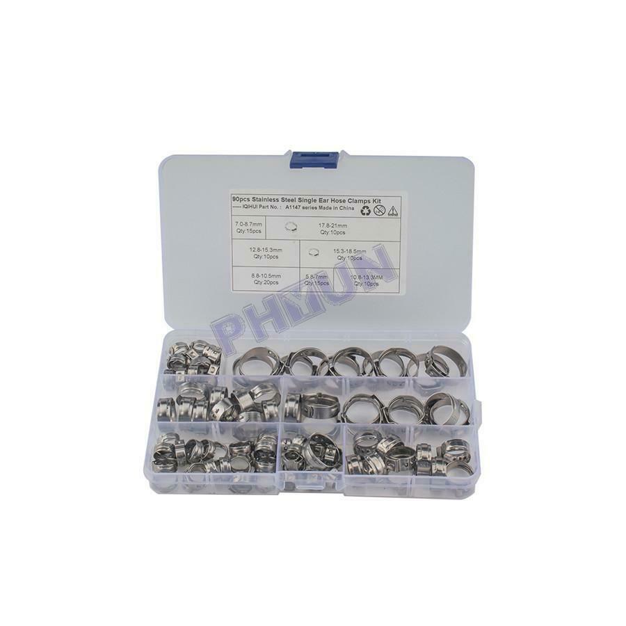 90x Single Ear Car Hydraulic Hose Clamps Clips Pipe Fuel Air Pipe Clamps 7 Sizes