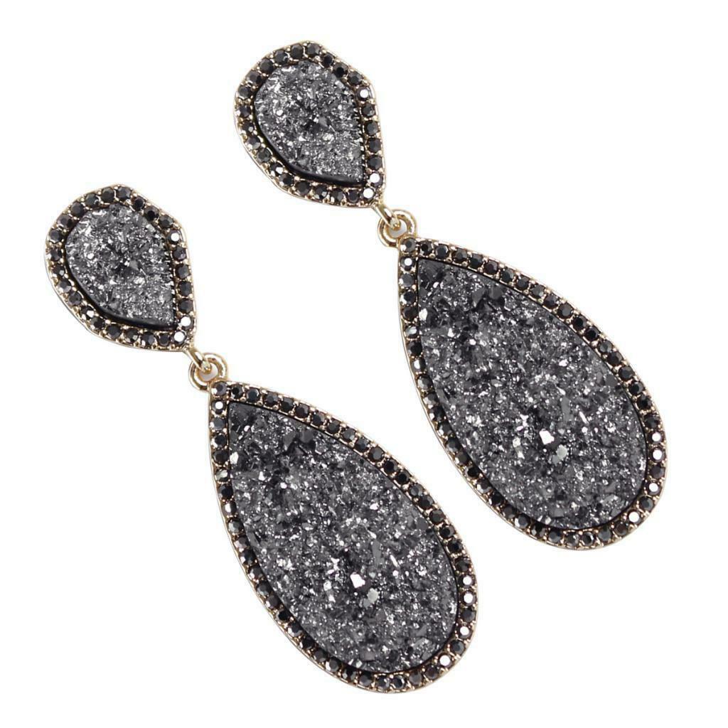 Full Prong Cubic Zirconia Birthstone Teardrop Bridal Dangle Earrings Gray