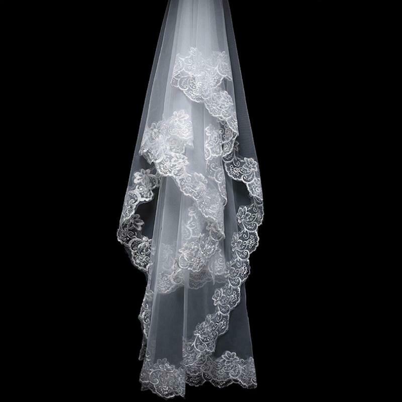 150cm Women Bridal Short Wedding Veil White One Layer Lace Flower Edge Appliques
