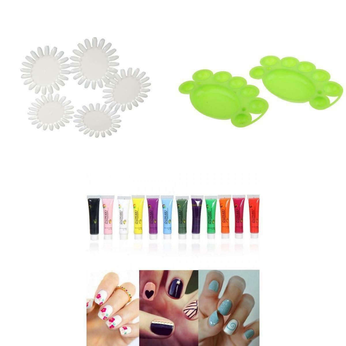 12 Colors Acrylic Nail Art Tube Painting Pigment + Display Palette Dish Set