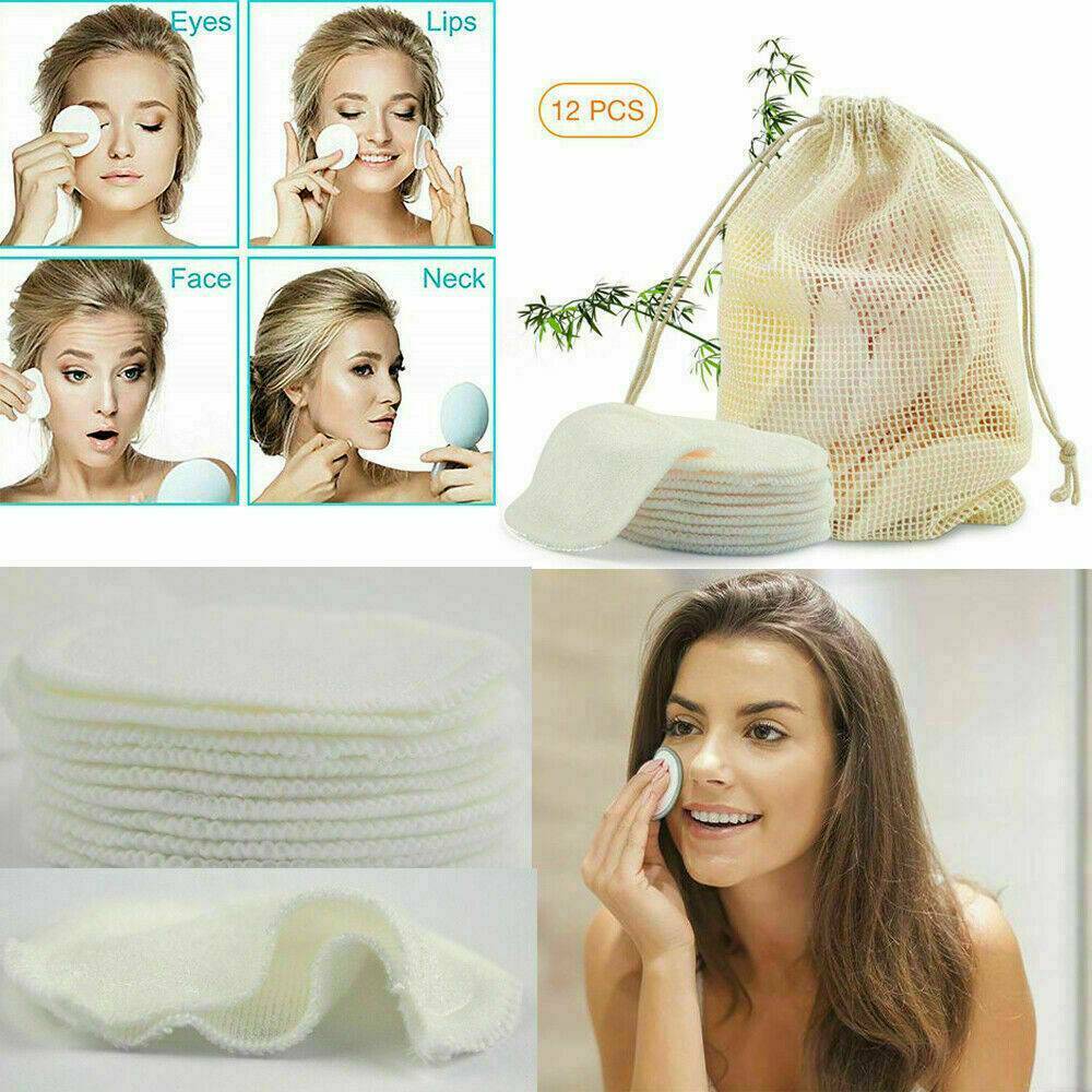 12PCS Reusable Facial Cleansing Pad Bamboo Cotton Makeup Remover Pads Face Wipes
