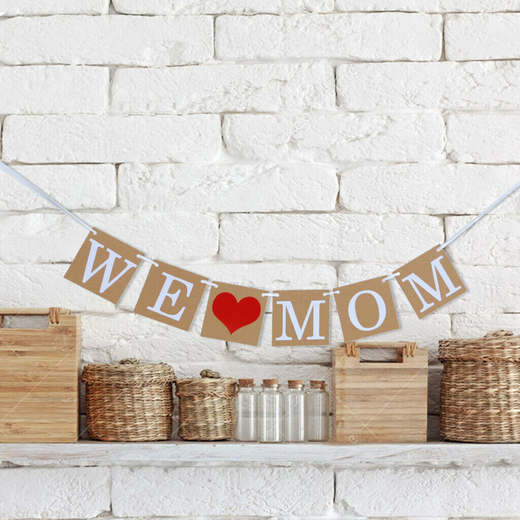 Mothers Day Banner Kraft Paper Heart WE LOVE MOM Bunting Home Hanging Decor