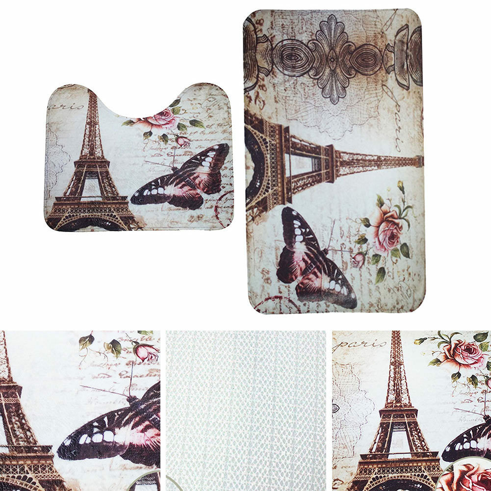 2Pcs/Set Paris Eiffel Tower Non-Slip Bathroom Toilet Pedestal Rug + Bath Mat HN