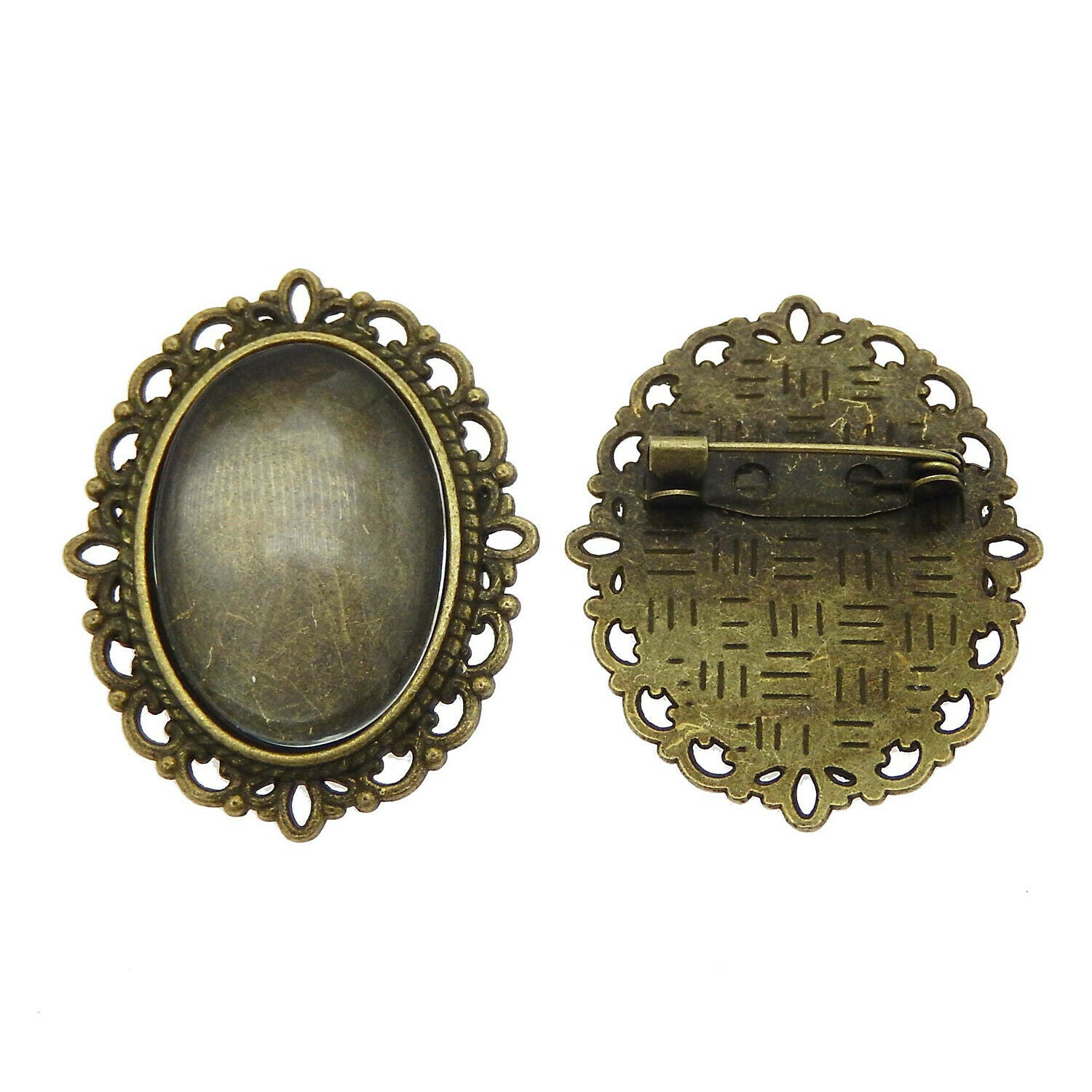 2Sets Alloy Bronze Oval Base w/ 25x18mm Glass Cameo Cabs Brooch DIY Accessories