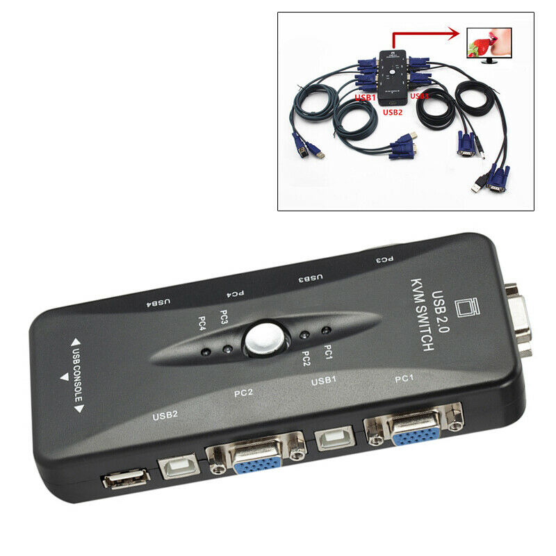 4-Port USB 2.0 KVM Switch Box Mouse/Keyboard/VGA Video Monitor 200MHz 1920x1440