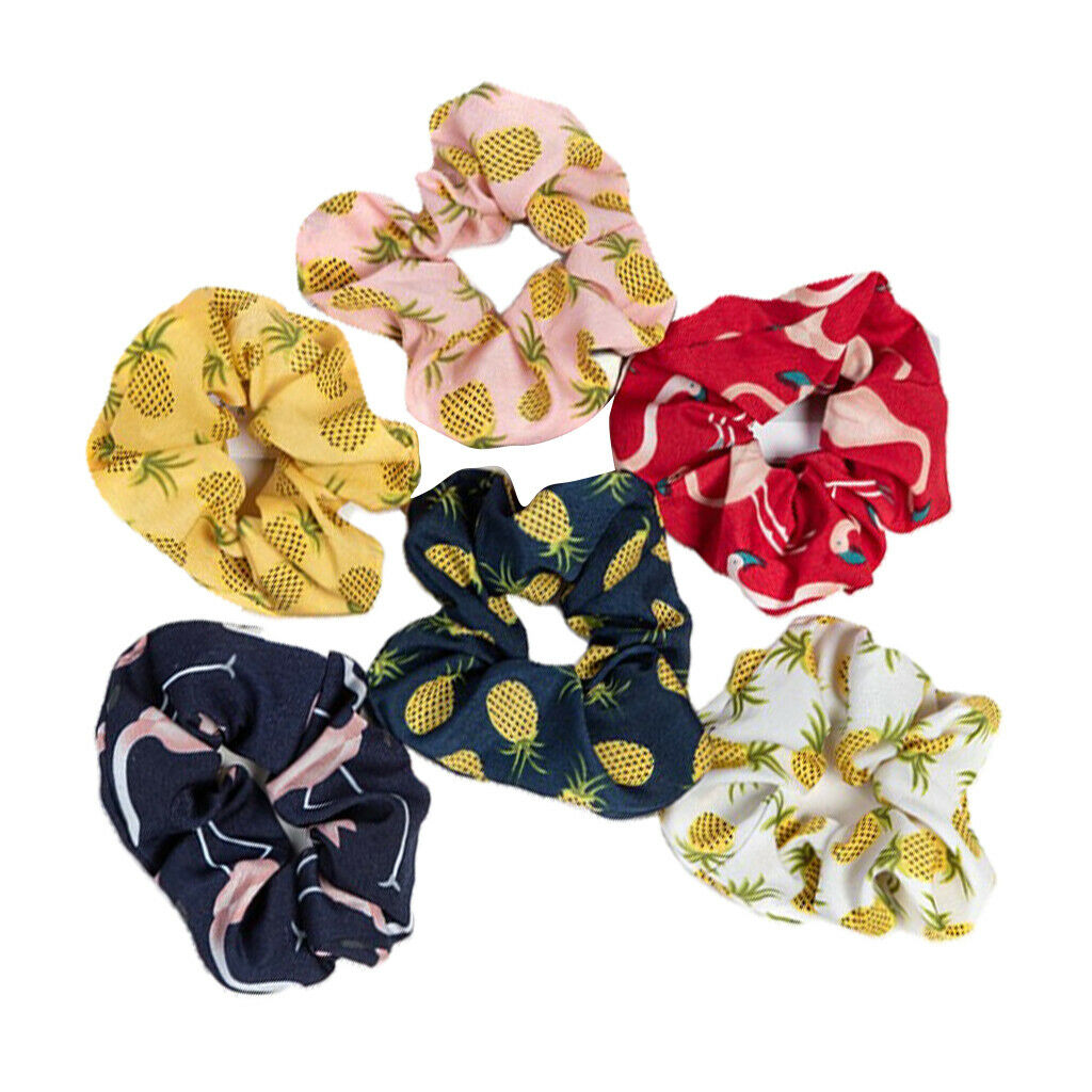 6Pack Ladies Satin Hair Scrunchies Pineapple Printed Hair Cord Scrunchy