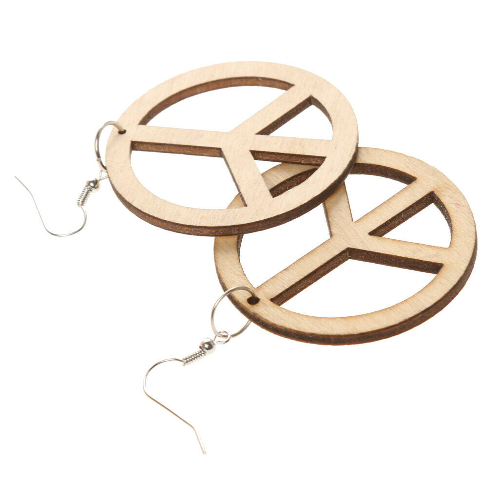 Hollow Anti War Peace Sign Wooden Drop Dangle Hook Earrings