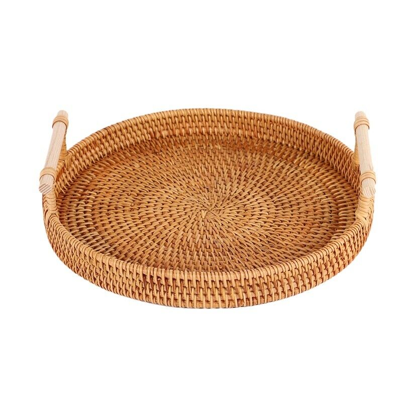 Rattan Storage Tray, Round Basket with Handle, Hand-Woven, Rattan Tray Wicker R6