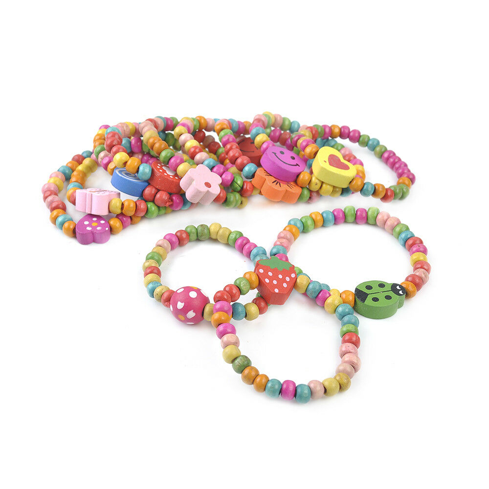 12 x Lovely Kids Children Wood Elastic Bead-Bracelets Birthday Party Jewelry