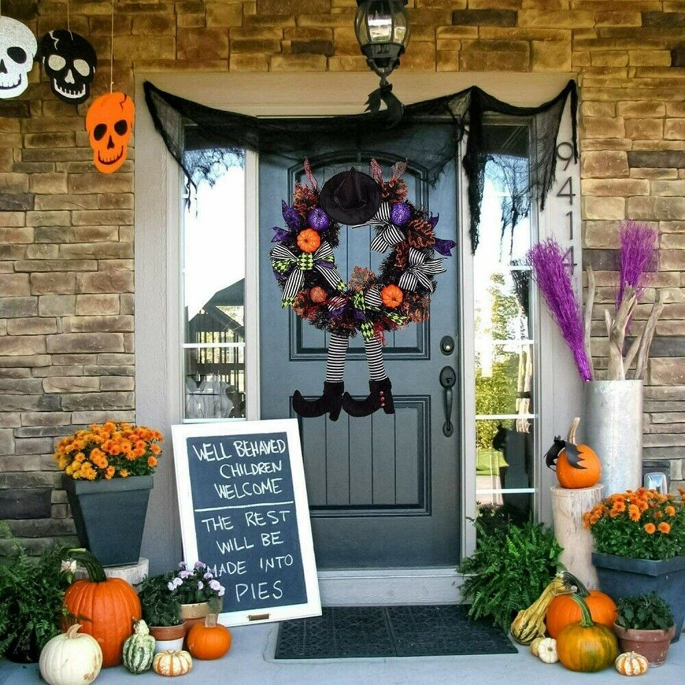 Halloween Wreath With Hat Legs Front Door Hanging Pumpkin Wreath For Home Decor