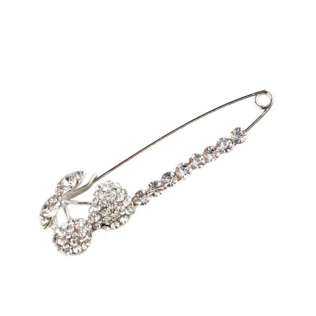 Crystal Large Safety Pin Brooch Cherry Shape Scarf Coat Gown Clip Collar Pin