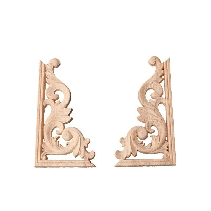1Pair Wood Carved Corner Onlay Applique Frame Furniture Craft Unpainted Decor EE