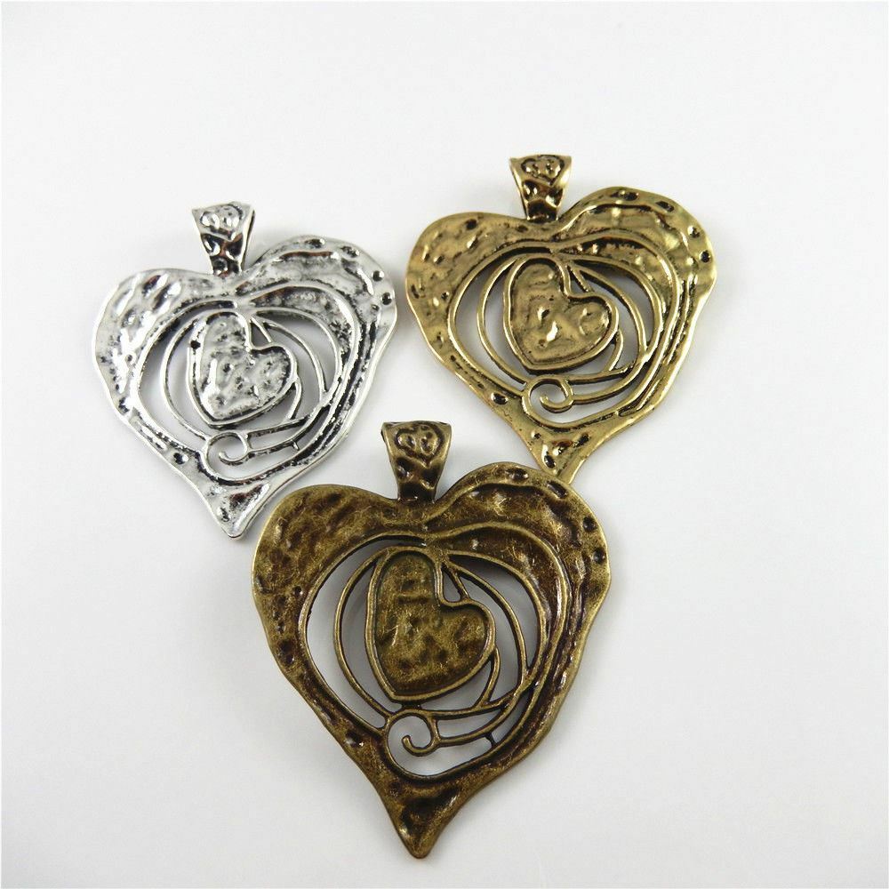 Lot of 3 Retro Metal Big Heart Pendant Charm Drop Dangle Alloy For Craft 70*64mm