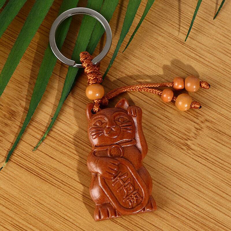 Lucky Fortune Cat Carving Wooden Pendant Keychain Key Ring Chain Wood Carving