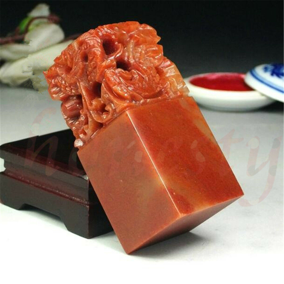 Chinese Traditional Five Dragons Scarlet Carving Sculpture Name Stone Jade Seal