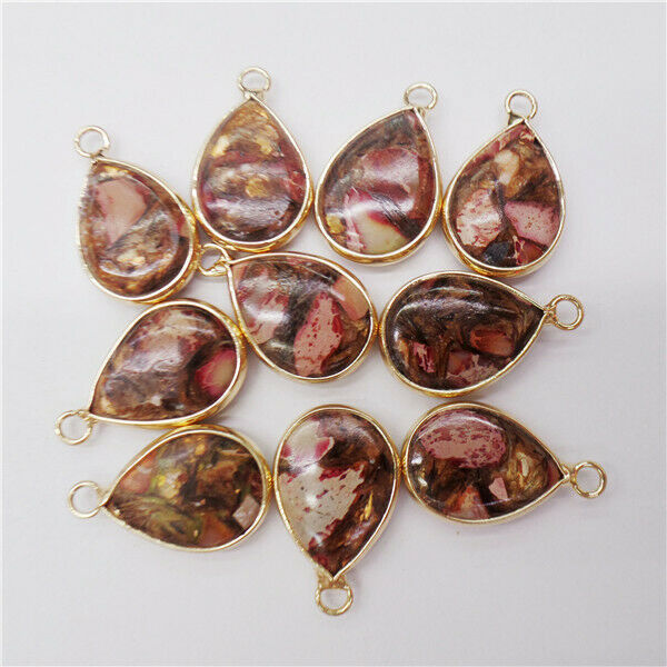 10Pcs Golden Wrapped Red Sea Sediment Jasper & Pyrite Teardrop Pendant HH8969