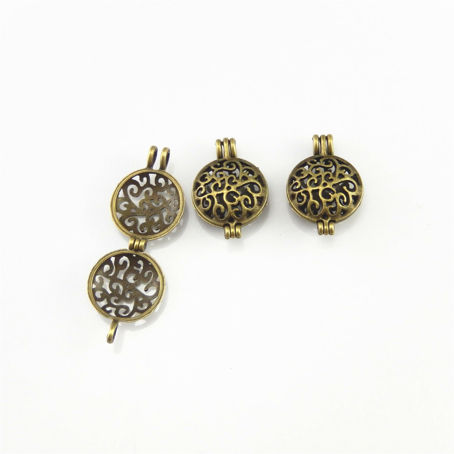 4 PCS Antiqued Bronze Alloy Round Hollow Locket Oil Diffuser Charms Pendants