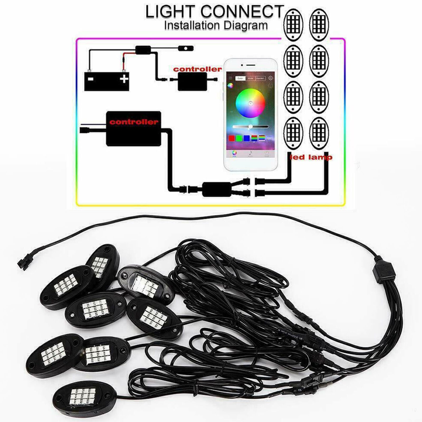 8x LED RGB Offroad Rock Light Underbody Lamp bluetooth APP Control For Car Truck
