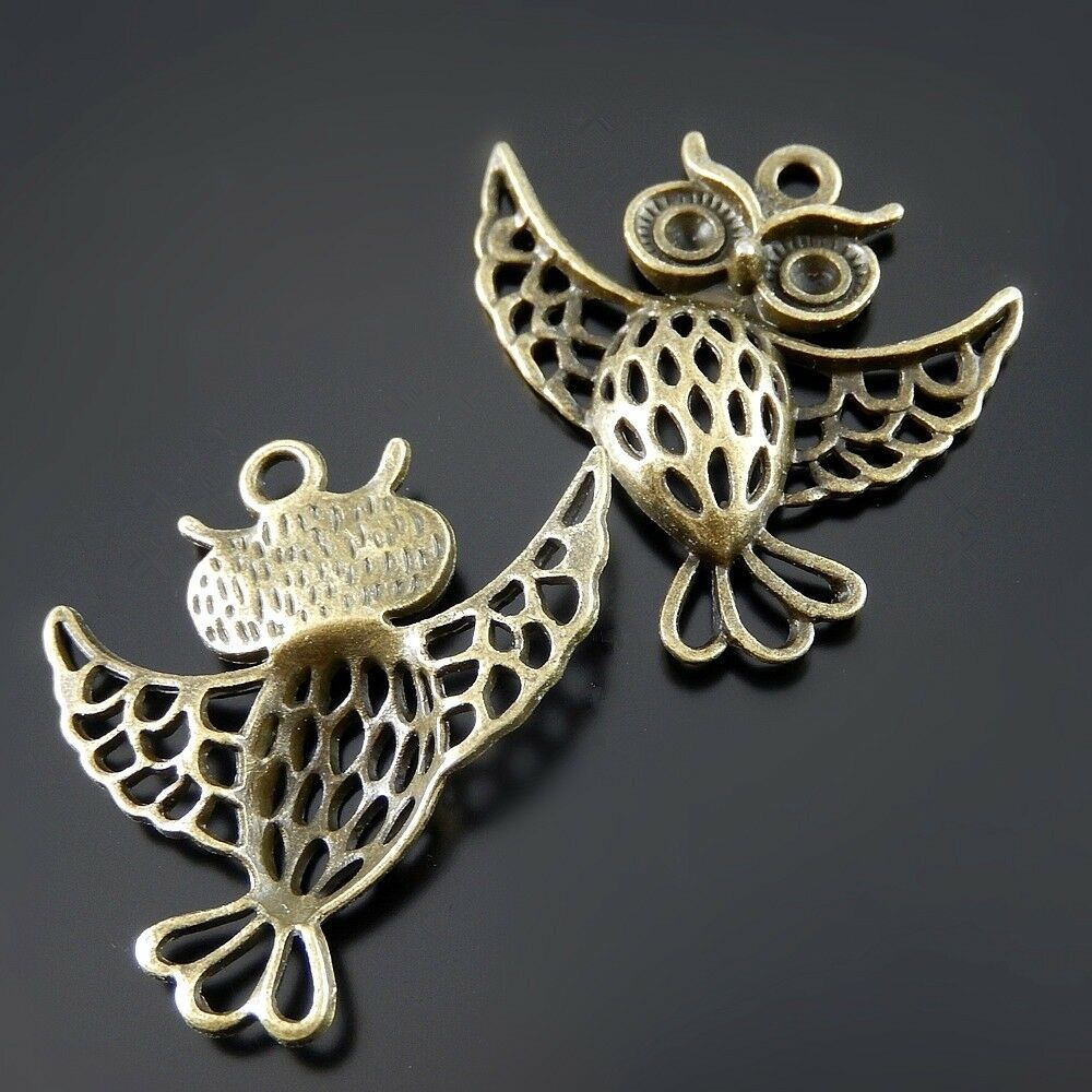 10 pcs Antiqued Bronze Alloy Hollowed Cute Owl Charm Pendant Art Craft 37x36x5mm