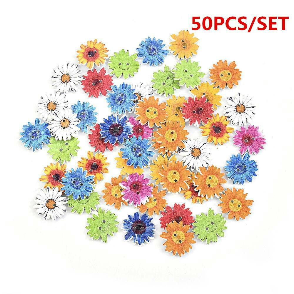 50pcs Flower Shape Buttons Wooden Sewing 2-holes Scrapbooking Button Crafts DIY