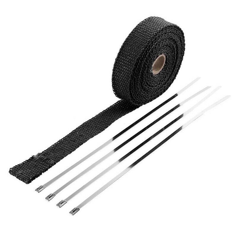 Roll 5M Black Fiberglass Exhaust Manifold Header Pipe Heat Wrap Tape +4 Ties NC