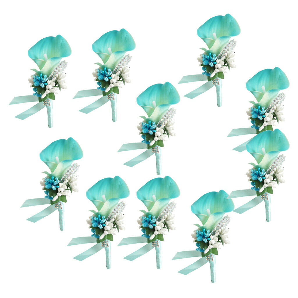 10Pcs Flowers Boutonniere Set Wrist Corsage Wristband, Groom Groomsman
