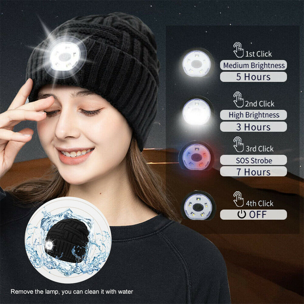 LED Head Torch Warm Beanie Hat Light Outdoor Battery/Rechargeable Headlight Lamp