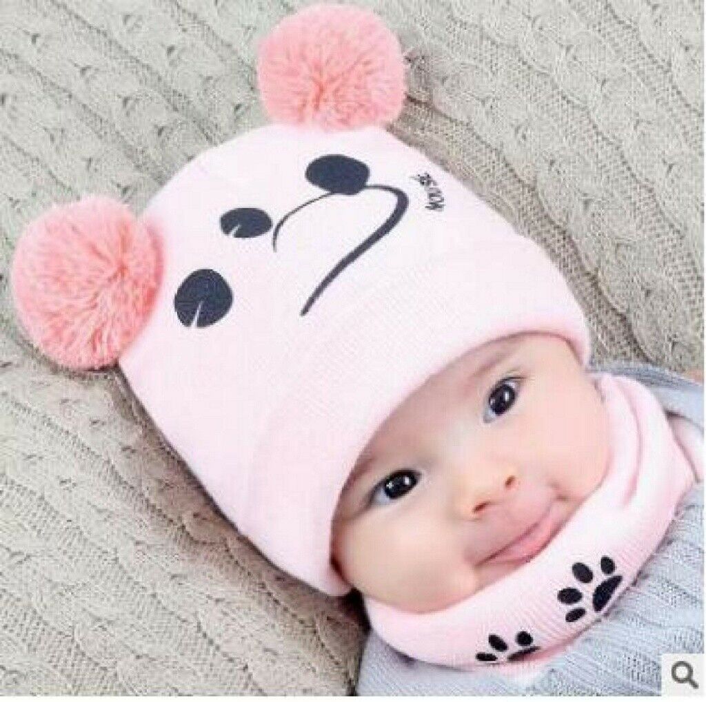Newborn Kids Baby Boy Girl Pom Hat Winter Warm Knit Bobble Beanie Cap Scarf Set